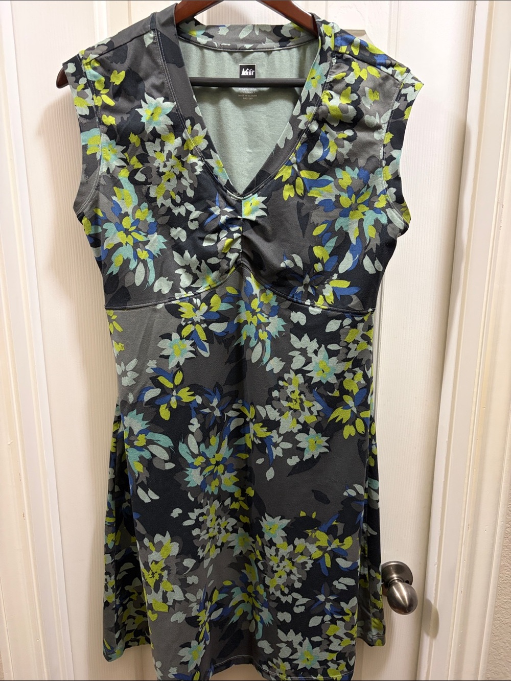 REI Gray Dress with Blue and Lime Floral Print M
